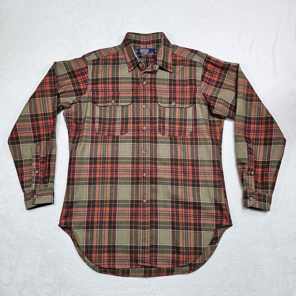 Vtg Polo Ralph Lauren Flannel Shirt Mens M Red Tan Plaid Tartan Check 100% Wool - Picture 1 of 16
